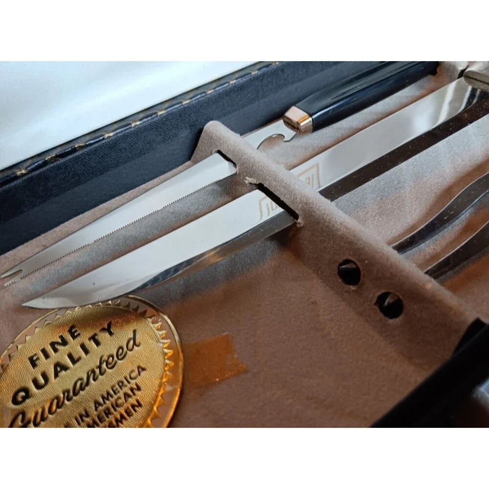 Vintage 1950 MCM Imperial Stainless 6 Carving Steak Knives & Meat Fork Set of 9